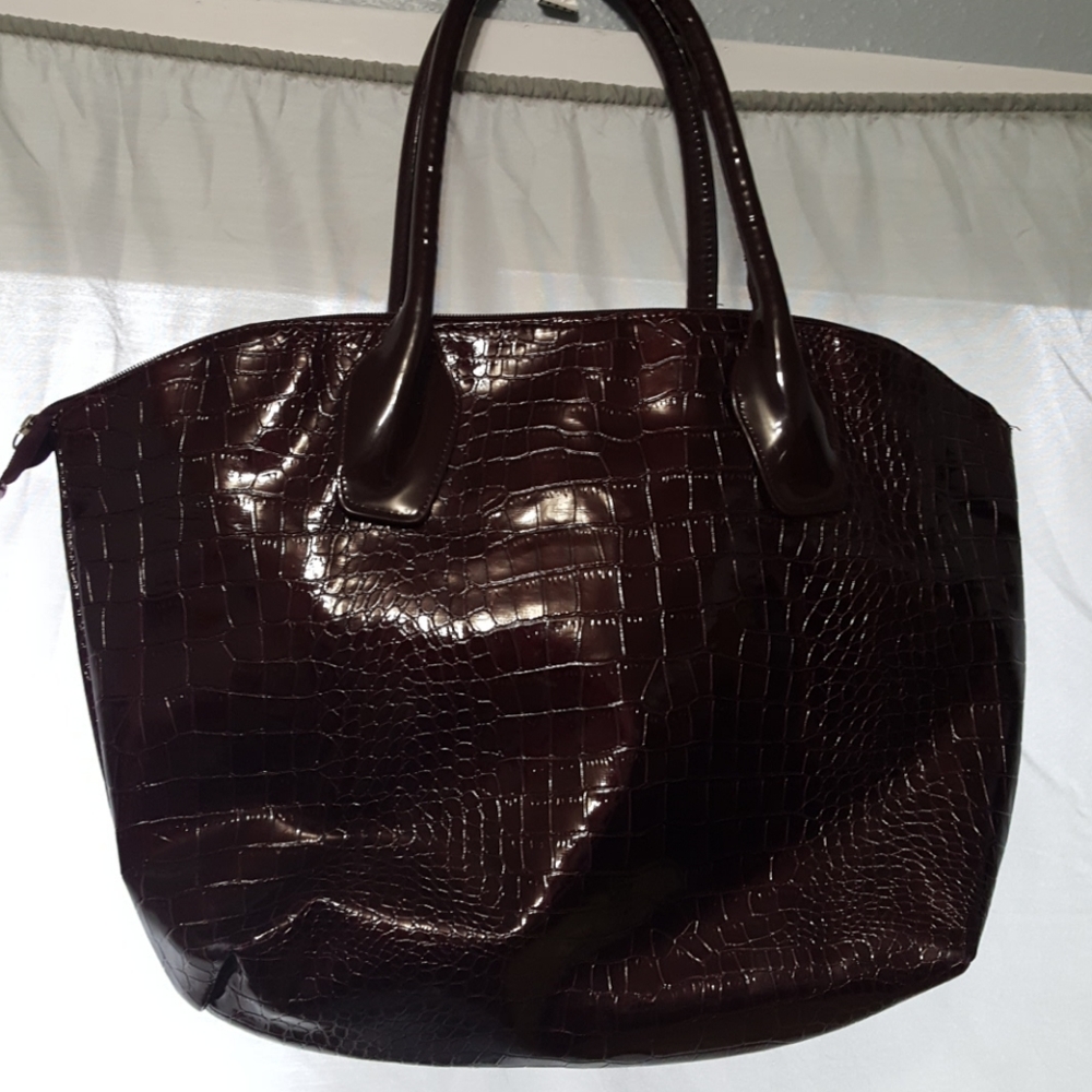 Large purple alligator print shoulder bag